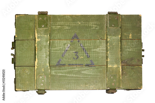 an army wooden green box with black designations, close-up on a white background. texture of the old tree.