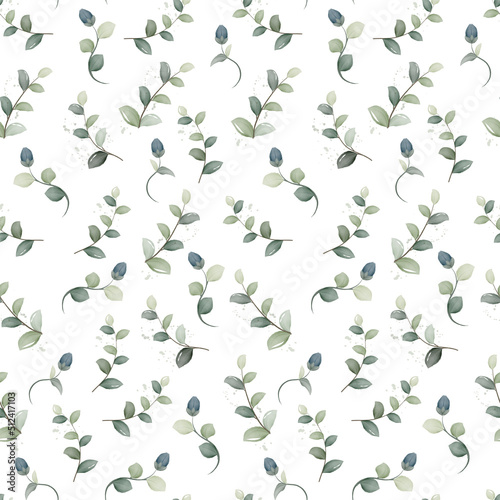 Vector floral seamless pattern with watercolor blue flowers and green leaves on white background.