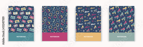 Retro disco notebook covers calendar patterned on dark blue background set musical party
groovy bundly for teenagers girls boys teens. back to school stationery.