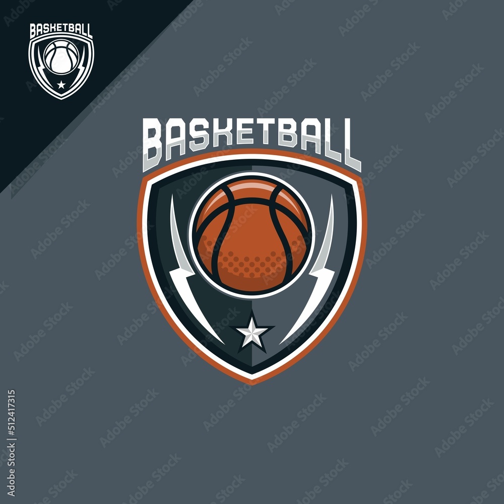 illustration of basketball and shield for emblem logo or icon
