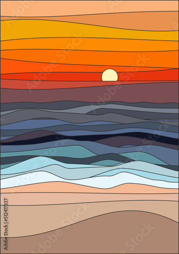 Sunset, sea, sand and sky layout design in oriental style. Japanese background with line wave pattern vector. Abstract template with geometric pattern.