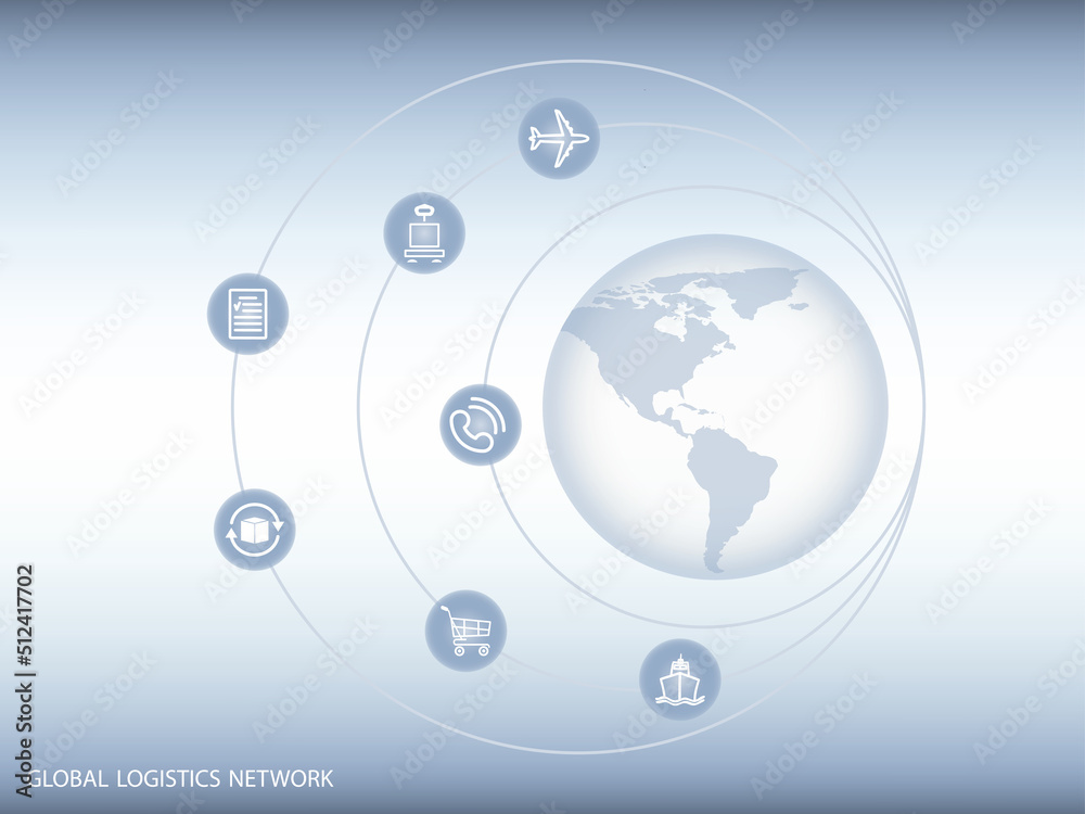 Global logistics network. Map global logistics partnership connection.  Globe and logistics icons  on spheres  for your design.  EPS10.