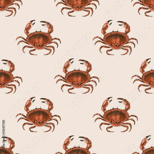 Red crab seamless pattern. Seafood background