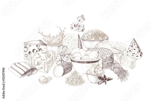 Hand drawn milk products, gourmet food slices, .