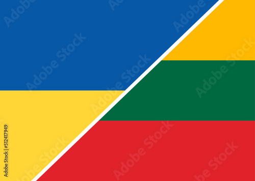 Ukraine and Lithuania flags support and help weapons and military equipment partnership and diplomacy humanitarian aid and donations for Ukrainian refugees concept.