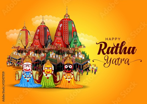 Indian festival Ratha Yatra of Lord Jagannath, Balabhadra and Subhadra on Chariot with people. vector illustration design photo