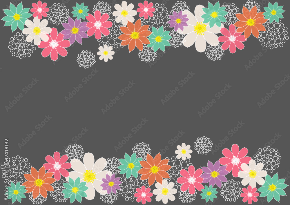 Vector border with lemon, white, green, pink, violet, orange stylized doodle flowers and place for your text on gray background. Vector border with lemon, white, green, pink, violet, orange stylized doodle flowers and place for your text on gray background.
