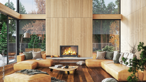 Photos Modern interior with fireplace in house near forest,  3d render
