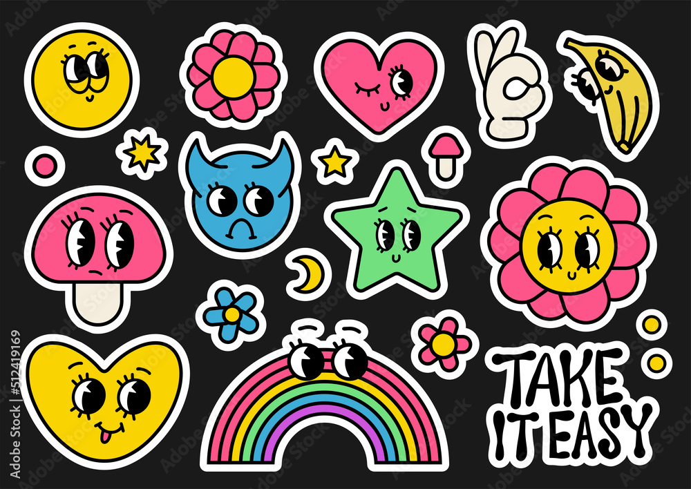 Retro mascot stickers kit. Set of Various Patches. Abstract funny comic Characters with cute faces. Hand drawn trendy vintage cartoon style. Vector Illustration Retro mascot stickers kit. Set of Various Patches. Abstract funny comic Characters with cute faces. Hand drawn trendy vintage cartoon style. Vector Illustration