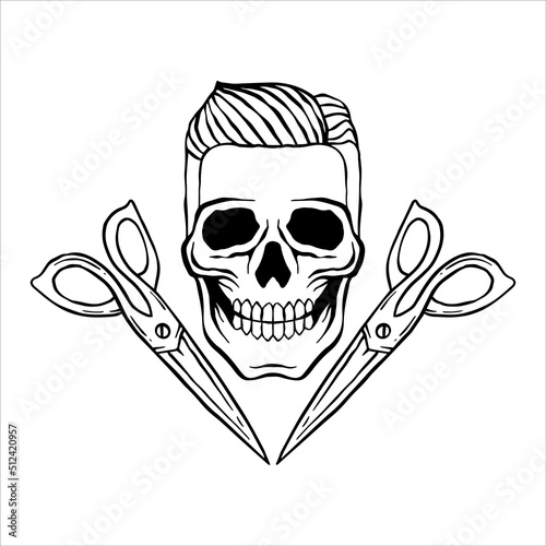 black and white skull and scissor doodle illustration for sticker tattoo poster tshirt design etc