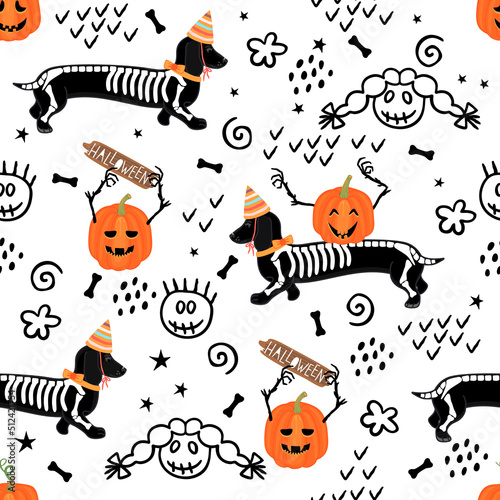 Halloween vector seamless pattern with dog breed dachshund in skeleton costume, pumpkins with cut out faces and doodle elements black color.Background and texture for printing on fabric and paper.