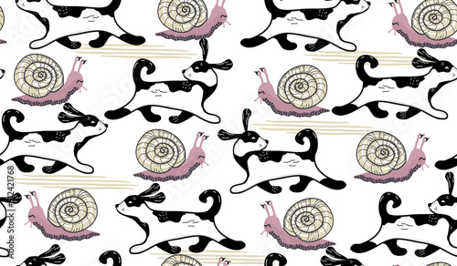 Seamless pattern with running dog and snail in cartoon style.Black,white and lilac colors background and texture for printing on fabric and paper.Vector hand drawn isolated illustration for kids.