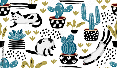 Seamless pattern with cacti in flowerpots and cute cats in various poses.Colorful background and texture for printing on fabric and paper.Vector hand drawn isolated illustration for design card,cover.