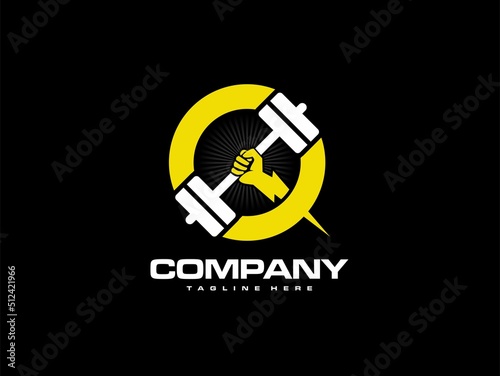 gym and fitness logo inspiration with lighting hand and barbell or iron dumbell elements in bold circle shape. a symbol of strong muscle, athletic, power