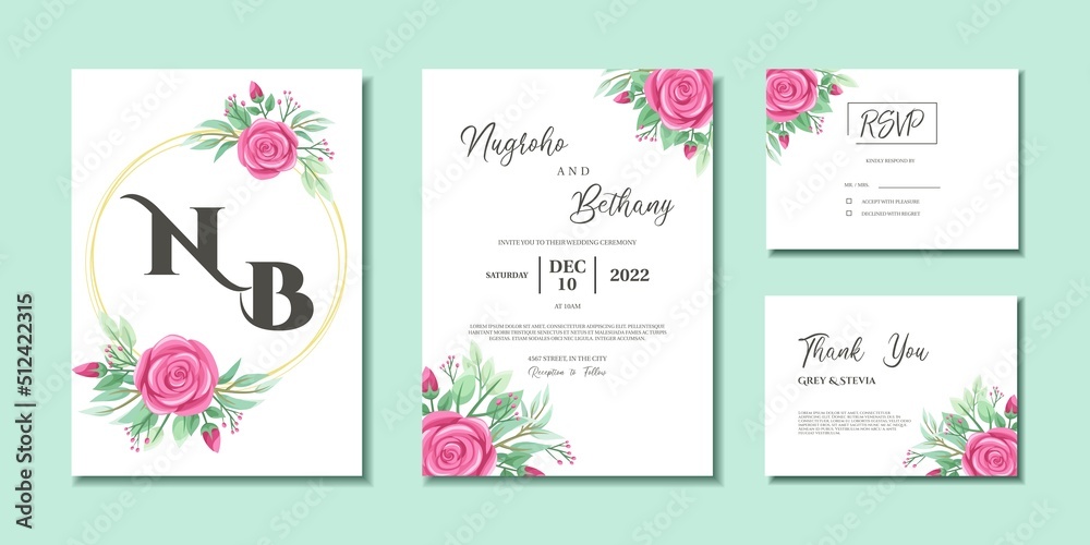 Wedding invitation with beautiful wreath of pink rose and leaves. Wedding invitation, Thank you card and RSVP with rose flower bouquet.