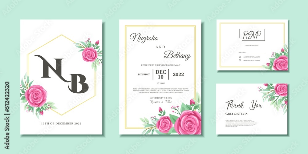 Wedding invitation with beautiful wreath of pink rose and leaves. Wedding invitation, Thank you card and RSVP with rose flower bouquet.