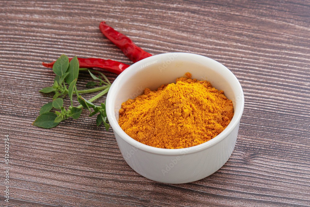 Yellow vibrant curcuma powder in the bowl Yellow vibrant curcuma powder in the bowl