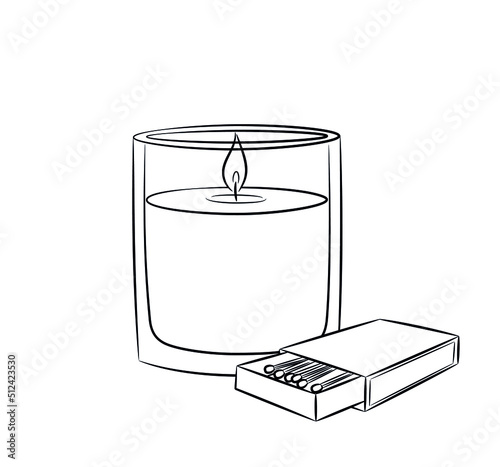 Wax candle in a glass candlestick with a wick hand drawn. Sketch in doodle style. Set Burning candle in a glass and matches. Isolated vector illustration.