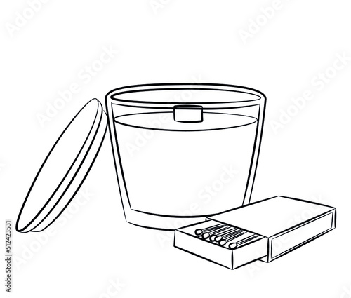 Wax candle in glass holder with wooden wick and hand-painted lid. Sketch in doodle style. Set Burning candle in a glass and matches. Isolated vector illustration.