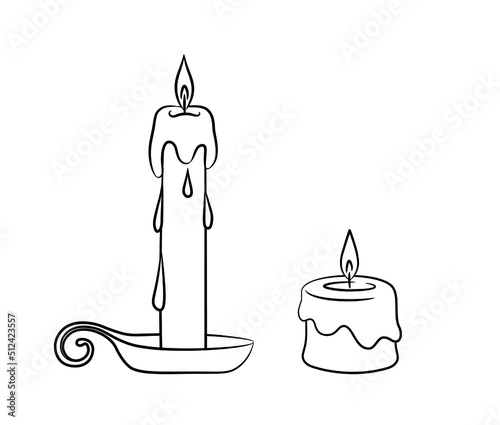 Pair of wax candles isolated on white background. Burning candles with melting wax. Black outline drawing in doodle style.