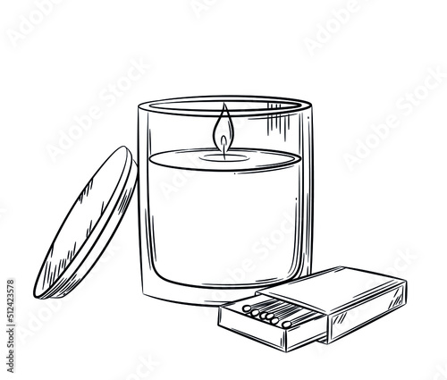 Wax candle in glass holder with wick and hand-painted lid. Sketch in doodle style. Set Burning candle in a glass and matches. Isolated vector illustration with strokes.