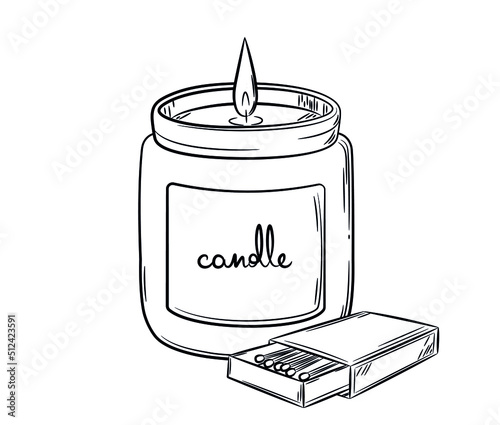 Hand drawn wax candle in glass candle holder with wick Doodle style sketch. Compilation of a burning candle in a glass and matches. Isolated vector illustration with strokes.