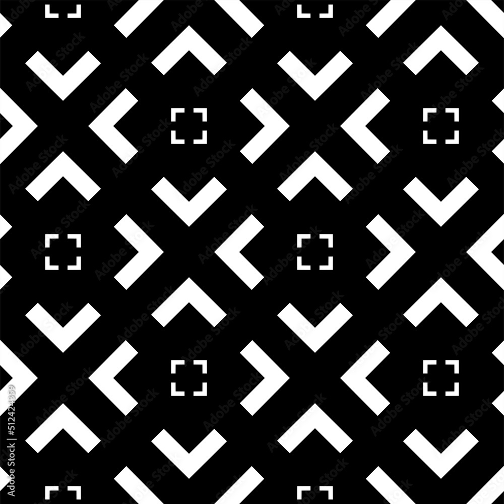Vector. Black and white abstract ethnic seamless pattern. Background of angle brackets. Mosaic. Design of packaging paper, textile printing, web design, cover, advertising and typographic products. Vector. Black and white abstract ethnic seamless pattern. Background of angle brackets. Mosaic. Design of packaging paper, textile printing, web design, cover, advertising and typographic products.