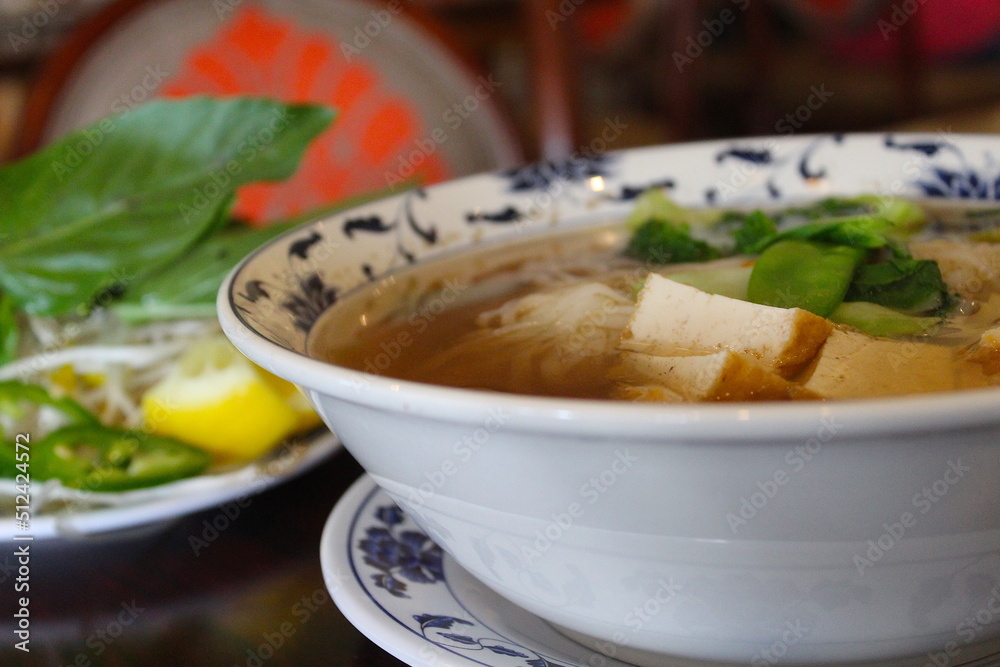 Tofu floats in vietnamese pho soup Tofu floats in vietnamese pho soup