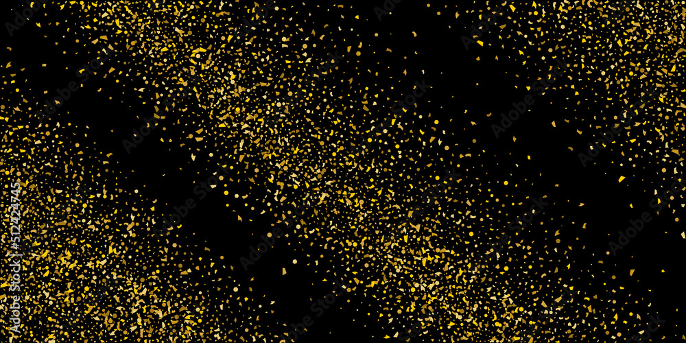 Golden glitter confetti on a black background. Illustration of a drop of shiny particles. Decorative element. Luxury background for your design, cards, invitations, gift, vip. Golden glitter confetti on a black background. Illustration of a drop of shiny particles. Decorative element. Luxury background for your design, cards, invitations, gift, vip.