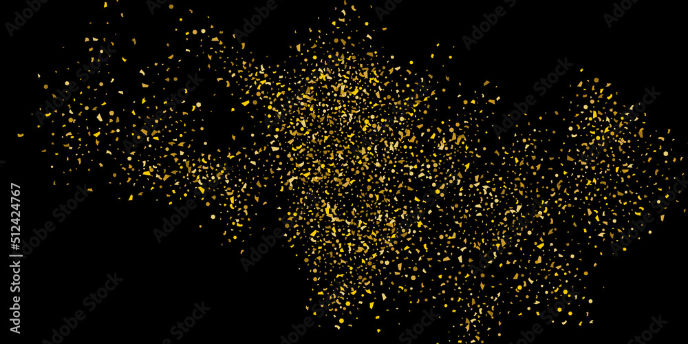 Golden glitter confetti on a black background. Illustration of a drop of shiny particles. Decorative element. Luxury background for your design, cards, invitations, gift, vip. Golden glitter confetti on a black background. Illustration of a drop of shiny particles. Decorative element. Luxury background for your design, cards, invitations, gift, vip.