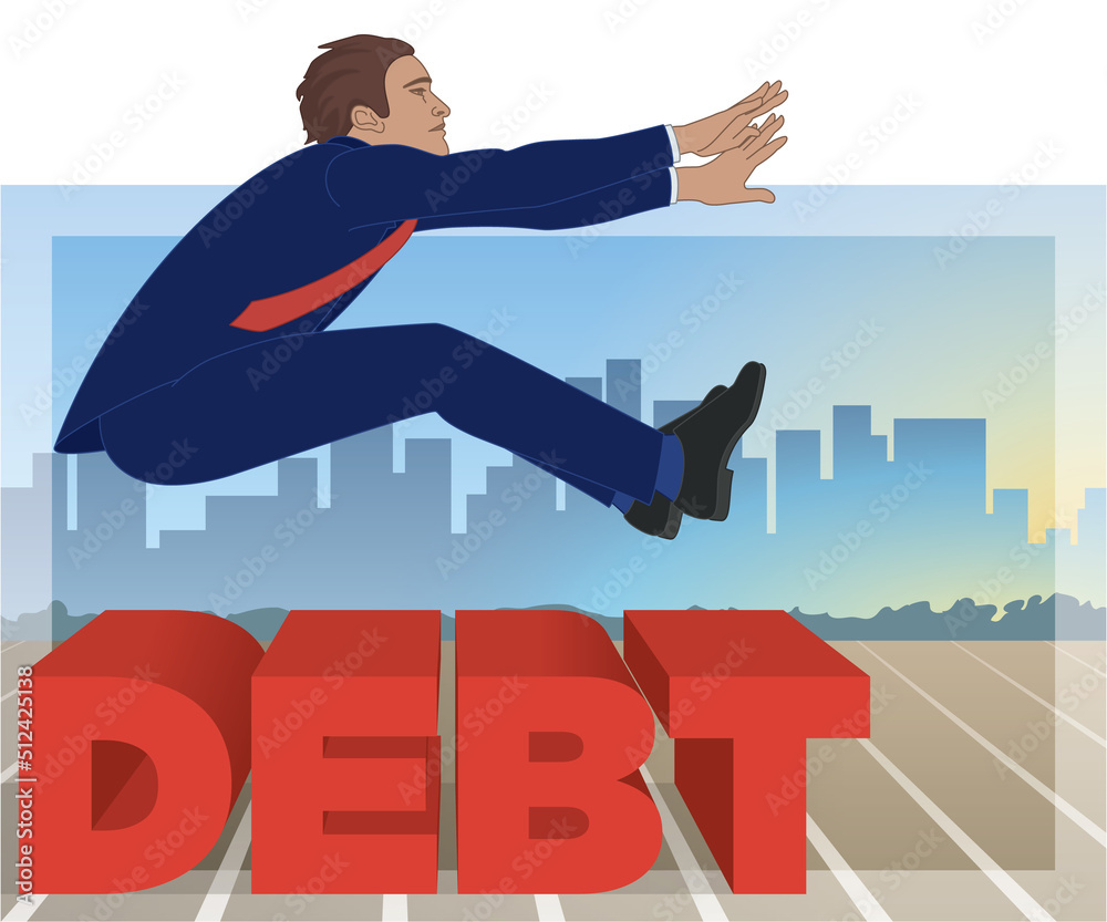 businessman long jumping over the distance to avoid debt on track with graphs and buildings in background