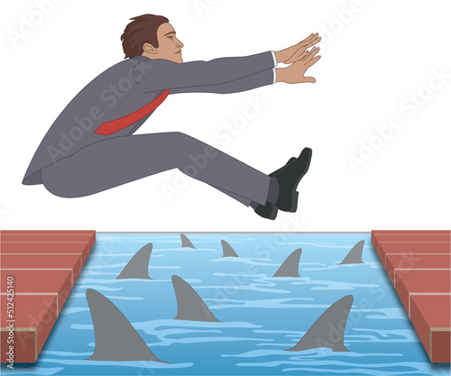 businessman long jumping over the distance to avoid shark infested water isolated on white background photo