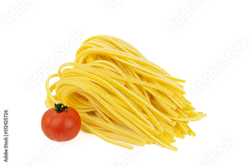 Bunch of spaghetti and tomato pasta for cooking on white background.