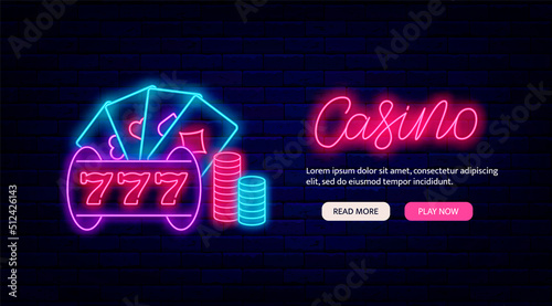 Casino neon promotion template. Website landing page. Slot machine, chips and poker. Vector stock illustration
