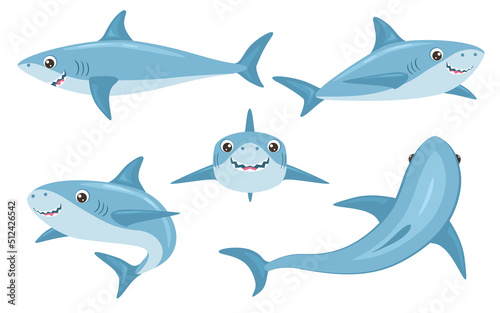 Shark funny ocean fish character set. Comic sharks emotions. Shark fish mascot. Vector comic style character wild fish set.