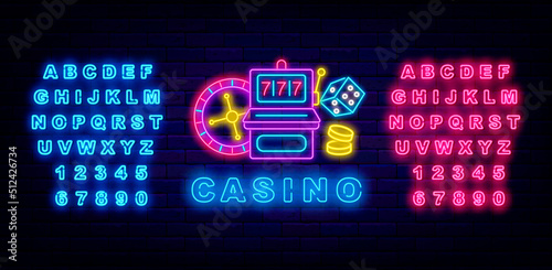 Casino neon label. Roulette, slot machine sign. Shiny blue and pink alphabet. Gambling game. Vector stock illustration