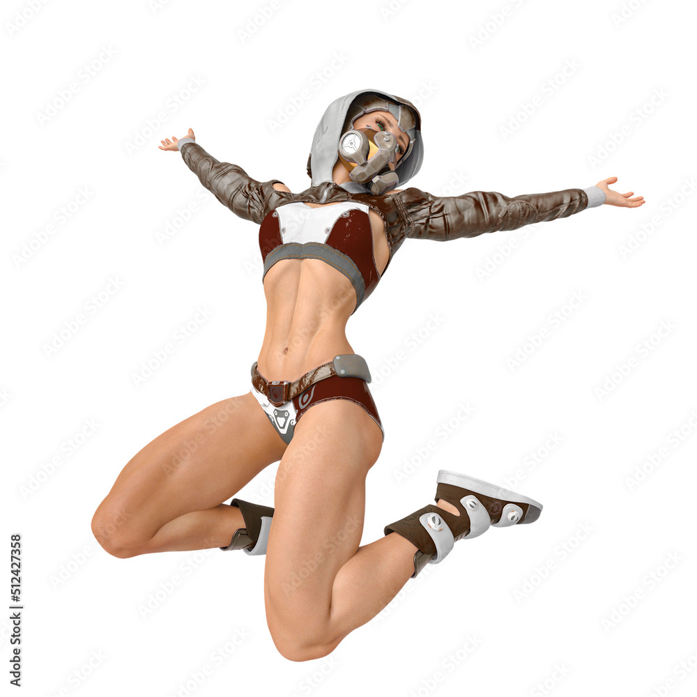 muscular woman in a cyberpunk suit is doing a summer jump muscular woman in a cyberpunk suit is doing a summer jump