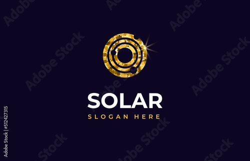 Solar golden glitter Logo creative modern concept design premium. Orbits planets in round icon for logo IT, concept design from space exploration, astrology. Vector illustration