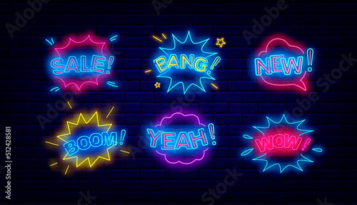 Funny comics speech bubbles neon signs collection. Sale, wow and new. Editable stroke. Vector stock illustration