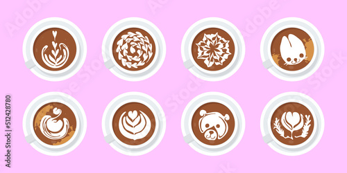 Set of latte art coffee in cups in saucer. Top down view. Variety of milk foam drawings in mug of cappuccino coffee. Leaf, heart, animal shape latte art design. Hand drawn trendy vector illustration.