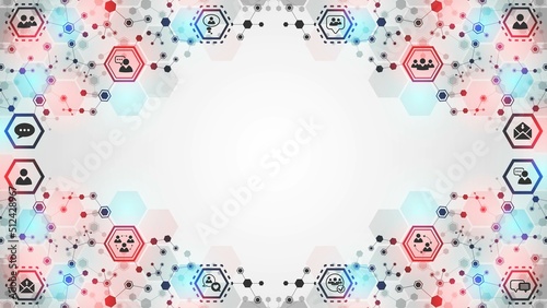 Vector background frame with icons. Symbols of people, communication, mobile network. Pattern of glow hexagons, lines. Plexus of puzzles. Chain of molecules. Poster technology, business, science.