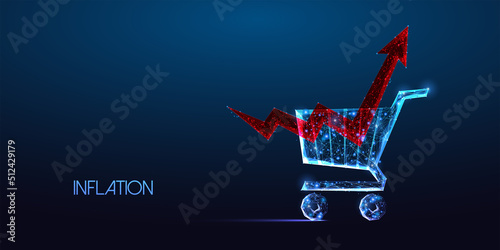 Concept of Inflation, economical crisis, price rise with shopping cart and chart arrow on dark blue