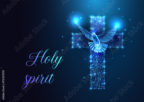 Concept of Pentecost Sunday, Holy Spirit with Christian cross and dove on dark b Fototapet