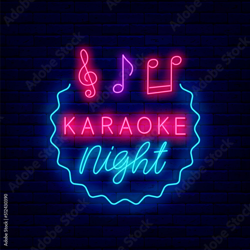 Karaoke night neon signboard. Circle wavy shape and notes. Talent show. Song singer. Vector stock illustration