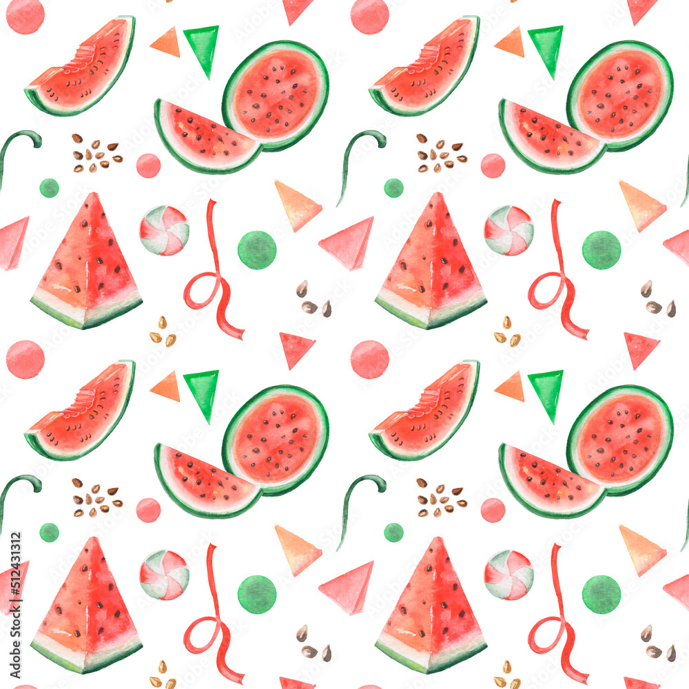 Watercolor hand-drawn seamless summer pattern. Botanical tropical print with watermelon. Art for fruity packs, fabrics, textiles etc. Watercolor hand-drawn seamless summer pattern. Botanical tropical print with watermelon. Art for fruity packs, fabrics, textiles etc.