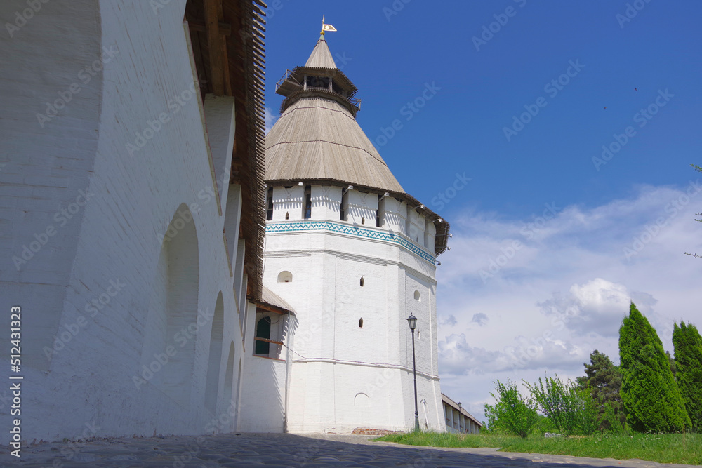 Astrakhan, Russia. View of the old tower with a wooden roof in the Astrakhan Kremlin.
