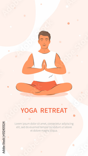 Yoga retreat. Man meditating, practicing yoga. Vector illustration.