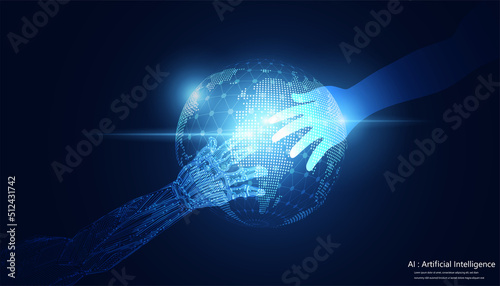 Abstract, a robotic hand and a human hand, join forces to create new innovations. Coexistence of humans and robots artificial intelligence on hi tech blue future background.illustrations