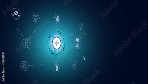 Abstract health science consist health plus circle icons digital technology concept  modern medical on hi tech future blue background.