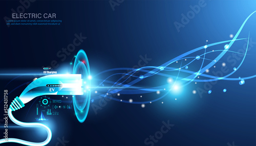 Abstract Electric Power Charger EV Clean Energy Alternative Energy electric charger concept on hi tech blue future background.illustrations
